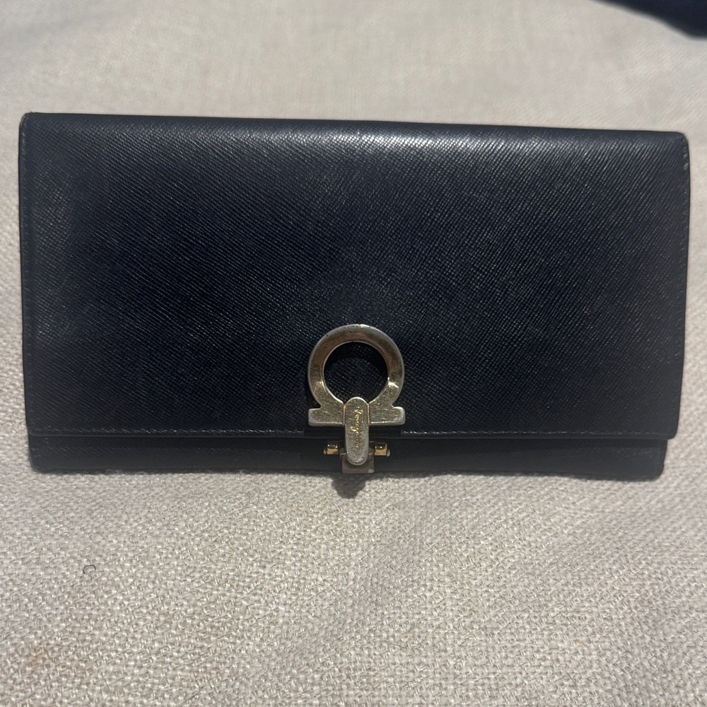 Salvatore Farragamo Black Leather Wallet with Gold Accent